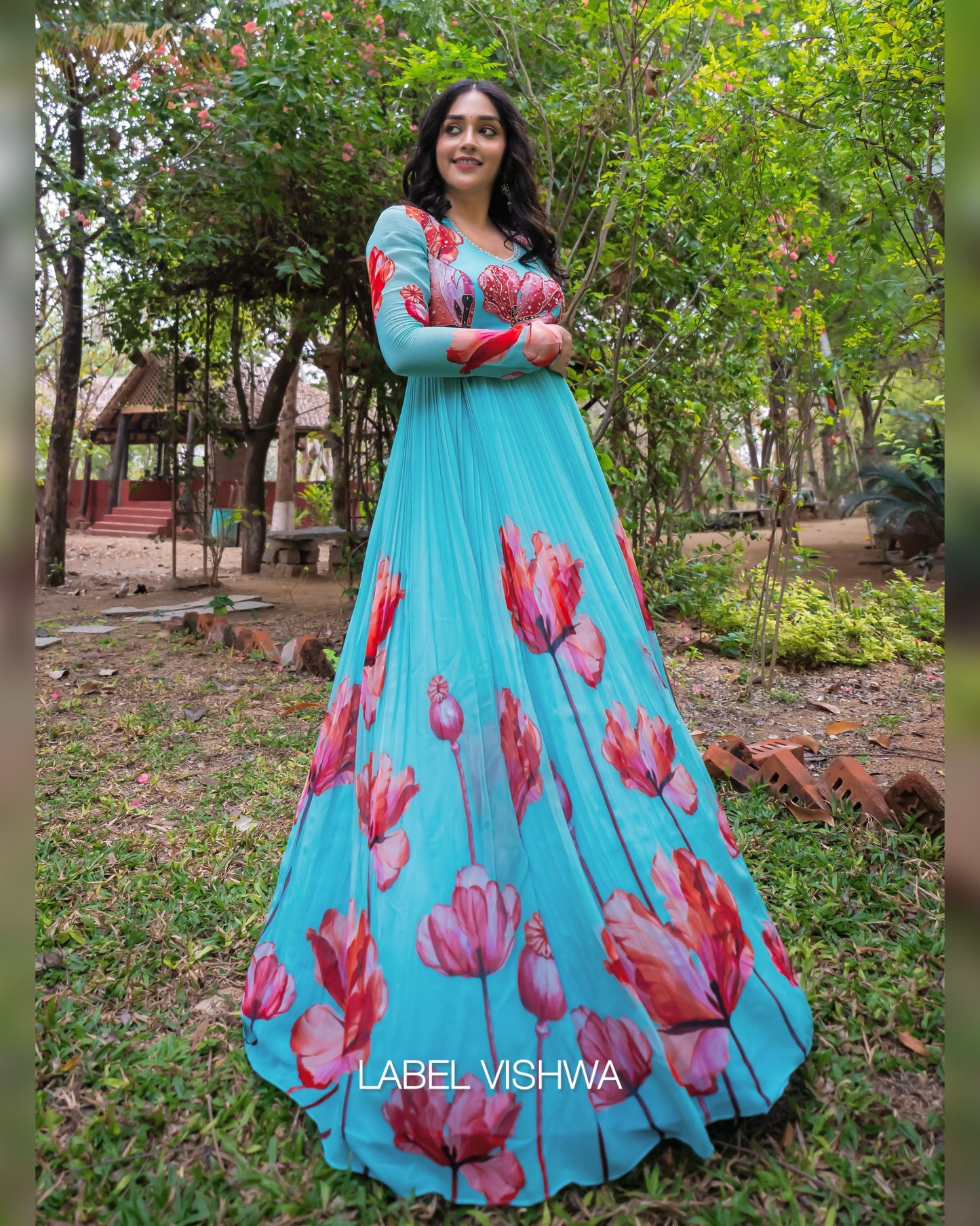 Hand Embroidered Georgette Long Frock with Floral Print