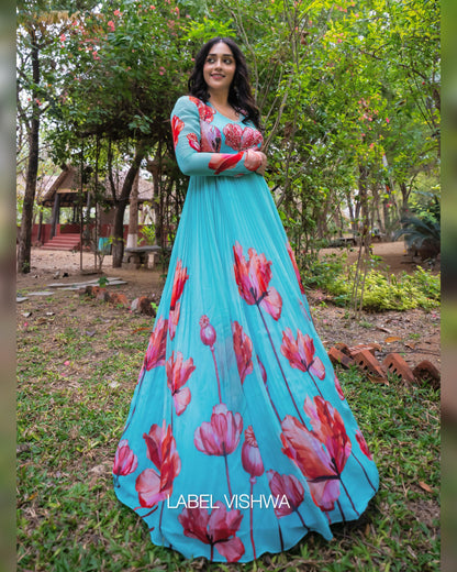 Hand Embroidered Georgette Long Frock with Floral Print