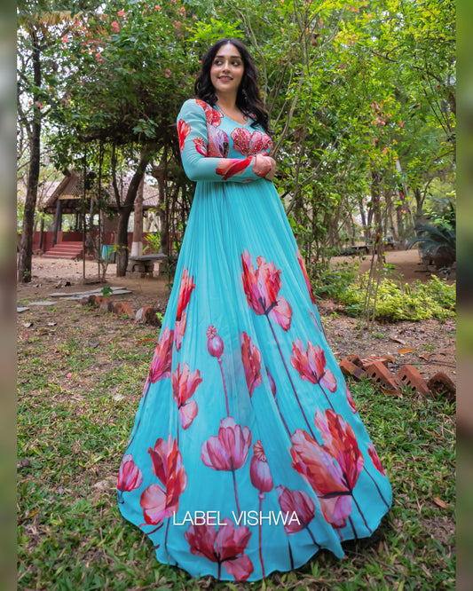 Hand Embroidered Georgette Long Frock with Floral Print