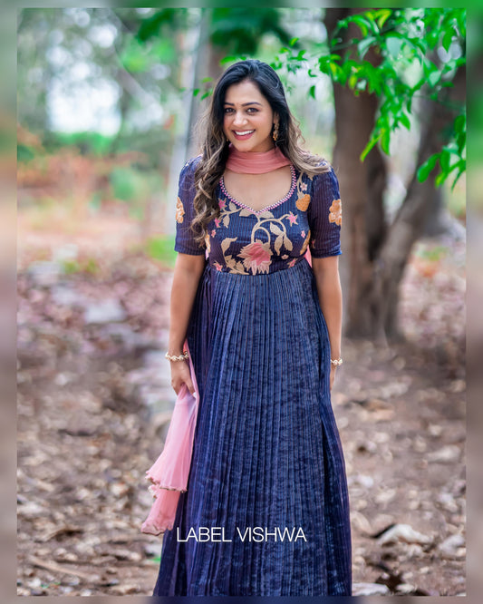 Zari Tissue Striped Dress with Appliqué Work & Soft Net Dupatta