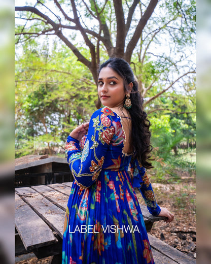 Floral Georgette Long Frock with Hand Embroidered Yoke