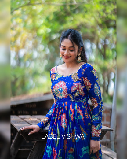 Floral Georgette Long Frock with Hand Embroidered Yoke
