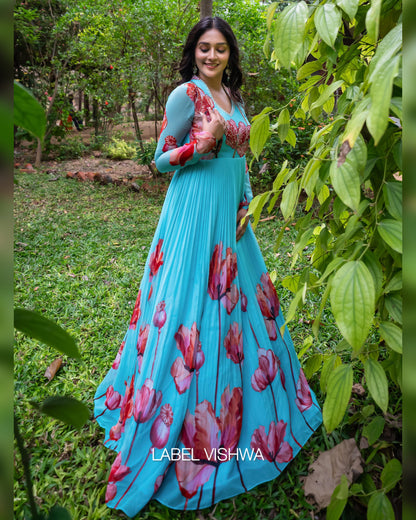 Hand Embroidered Georgette Long Frock with Floral Print