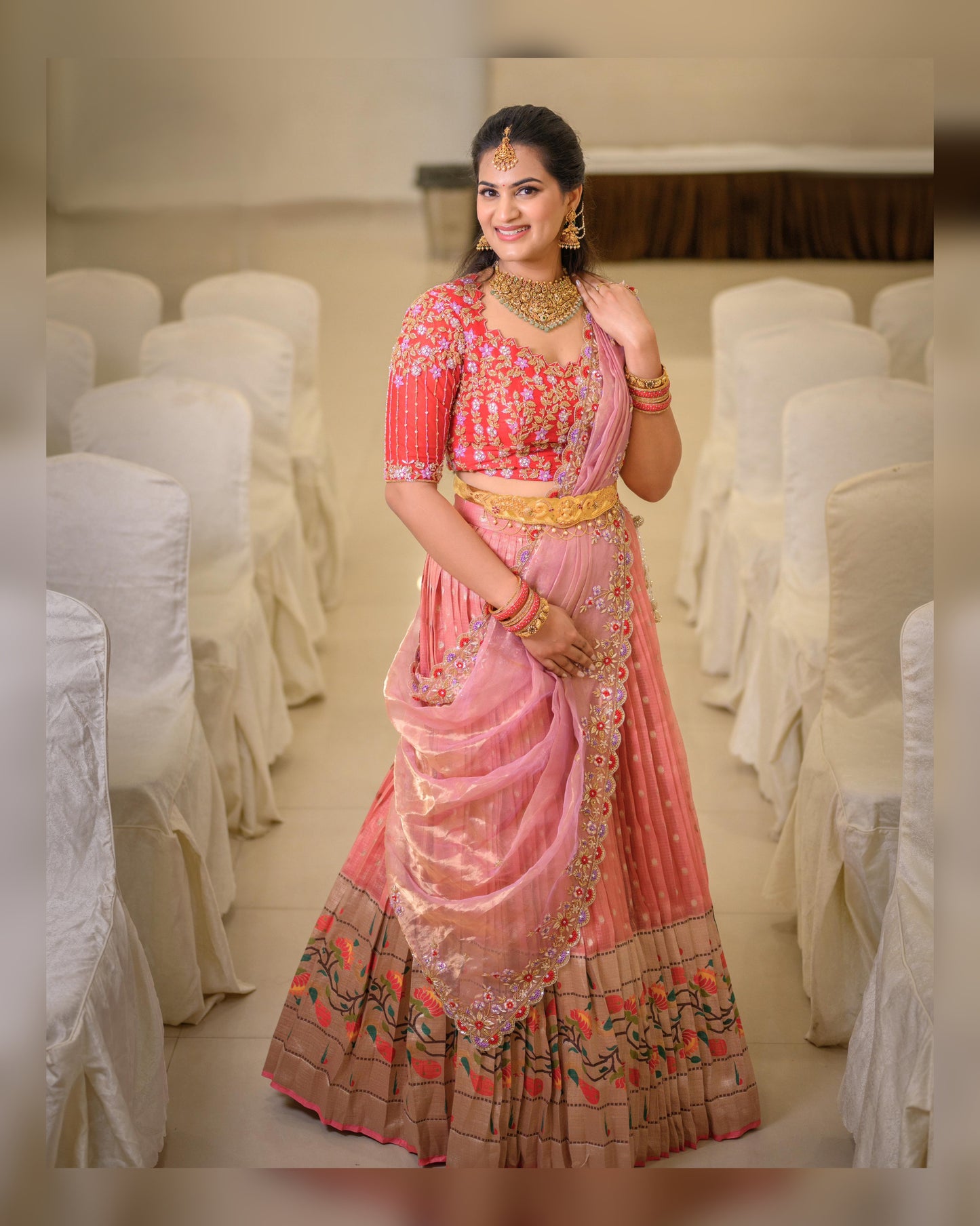 Peach Pink Zarikota Lehenga