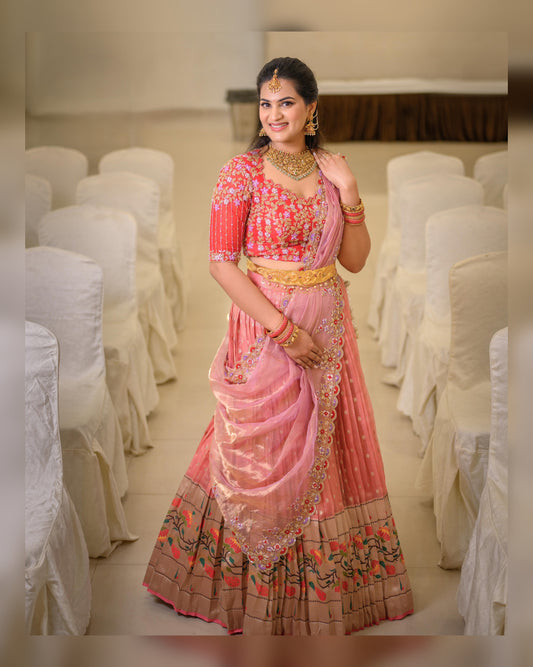Peach Pink Zarikota Lehenga