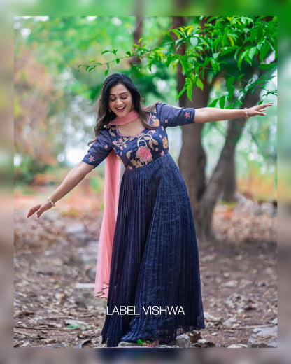 Zari Tissue Striped Dress with Appliqué Work & Soft Net Dupatta