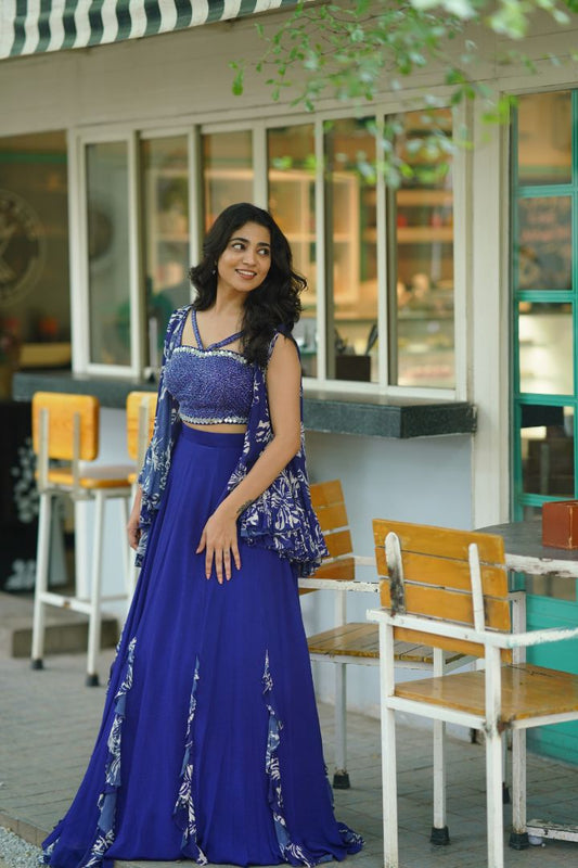 Blue Floral Croptop Lehanga with ruffled overcoat and hand embroidered blouse