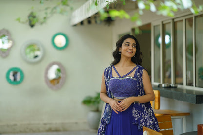 Blue Floral Croptop Lehanga with ruffled overcoat and hand embroidered blouse