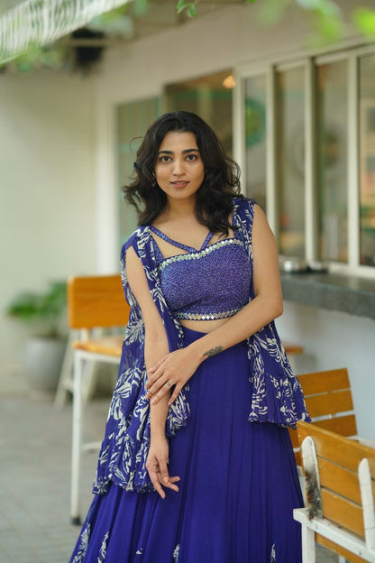 Blue Floral Croptop Lehanga with ruffled overcoat and hand embroidered blouse