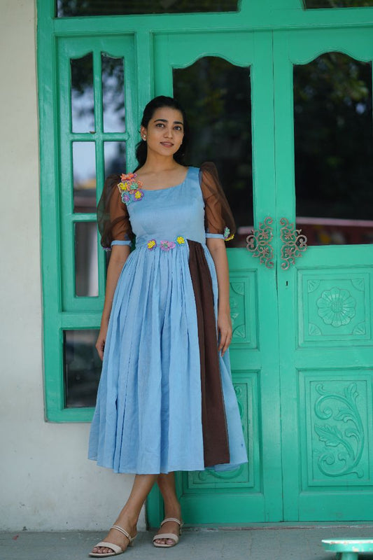Powder Blue Chanderi Mid Length Frock with hand embroidered flowers