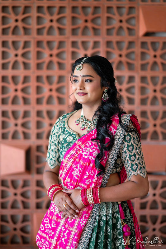 Green Banaras Lehanga paired With Gajji silk bandini Dupatta and hand embroidery blouse