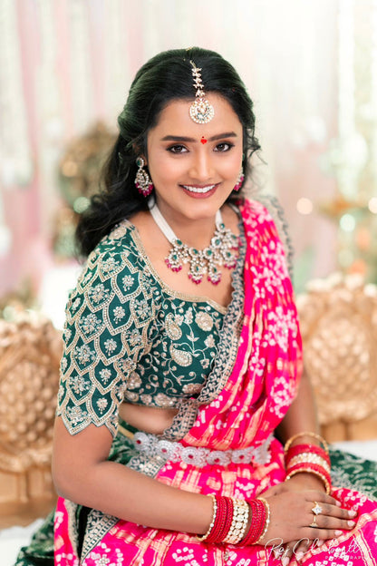 Green Banaras Lehanga paired With Gajji silk bandini Dupatta and hand embroidery blouse