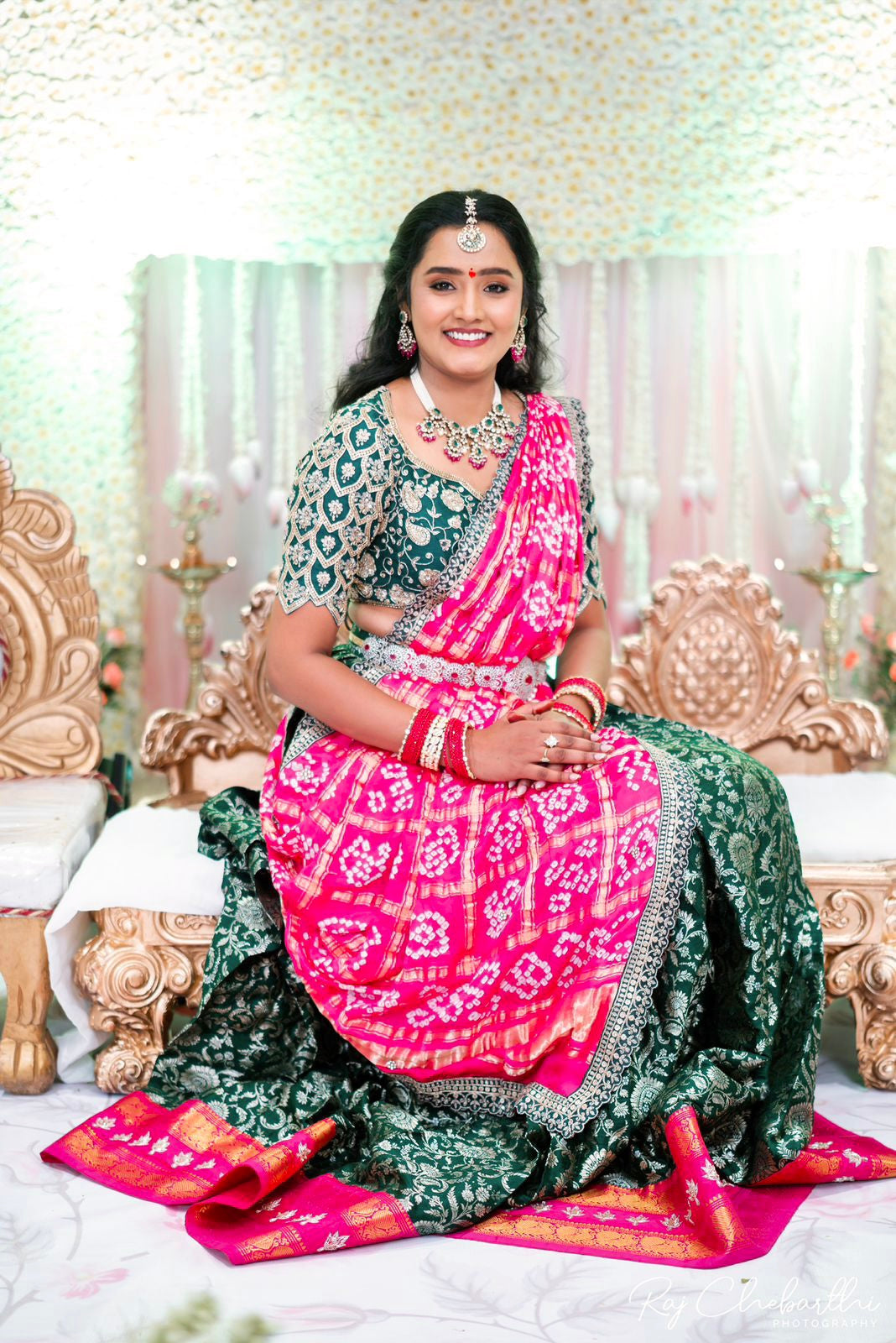 Green Banaras Lehanga paired With Gajji silk bandini Dupatta and hand embroidery blouse