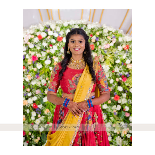Maroon pen kalamkari lehanga