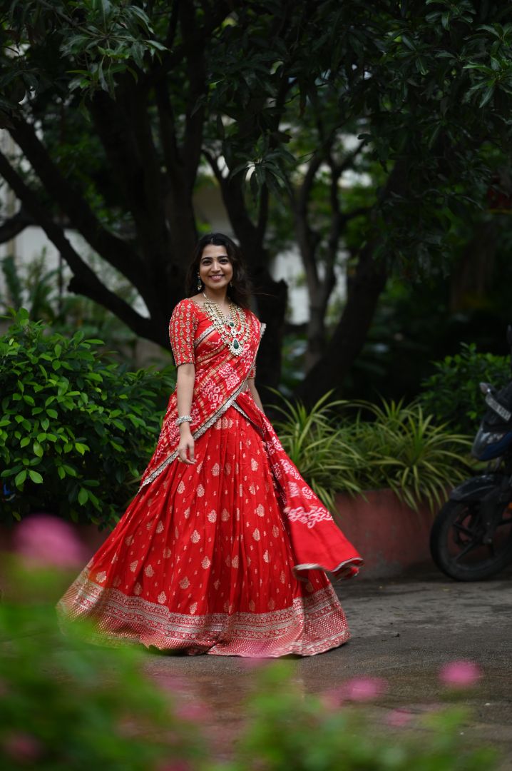 Red Banaras Lehanga paired With Gajji silk bandini Dupatta and hand embroidery blouse