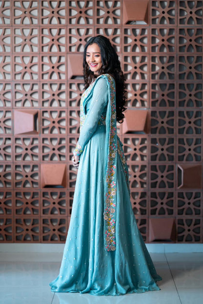 Pastel Blue pre draped gown with hand embroidery