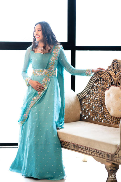 Pastel Blue pre draped gown with hand embroidery