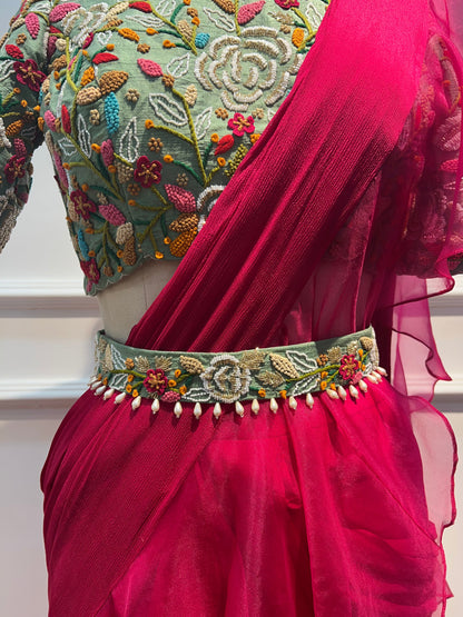 Pink pre draped ruffle saree with hand embroidery blouse