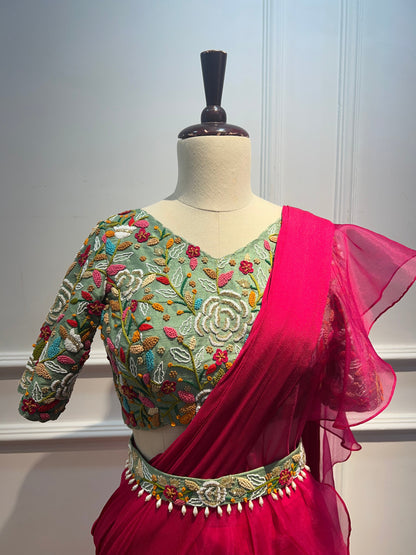 Pink pre draped ruffle saree with hand embroidery blouse