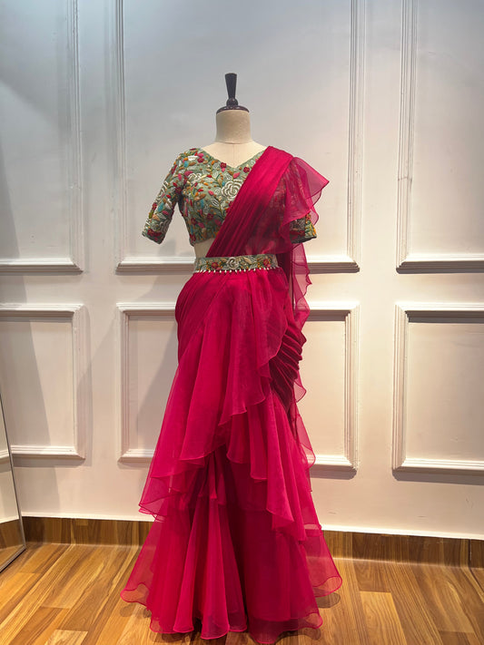 Pink pre draped ruffle saree with hand embroidery blouse