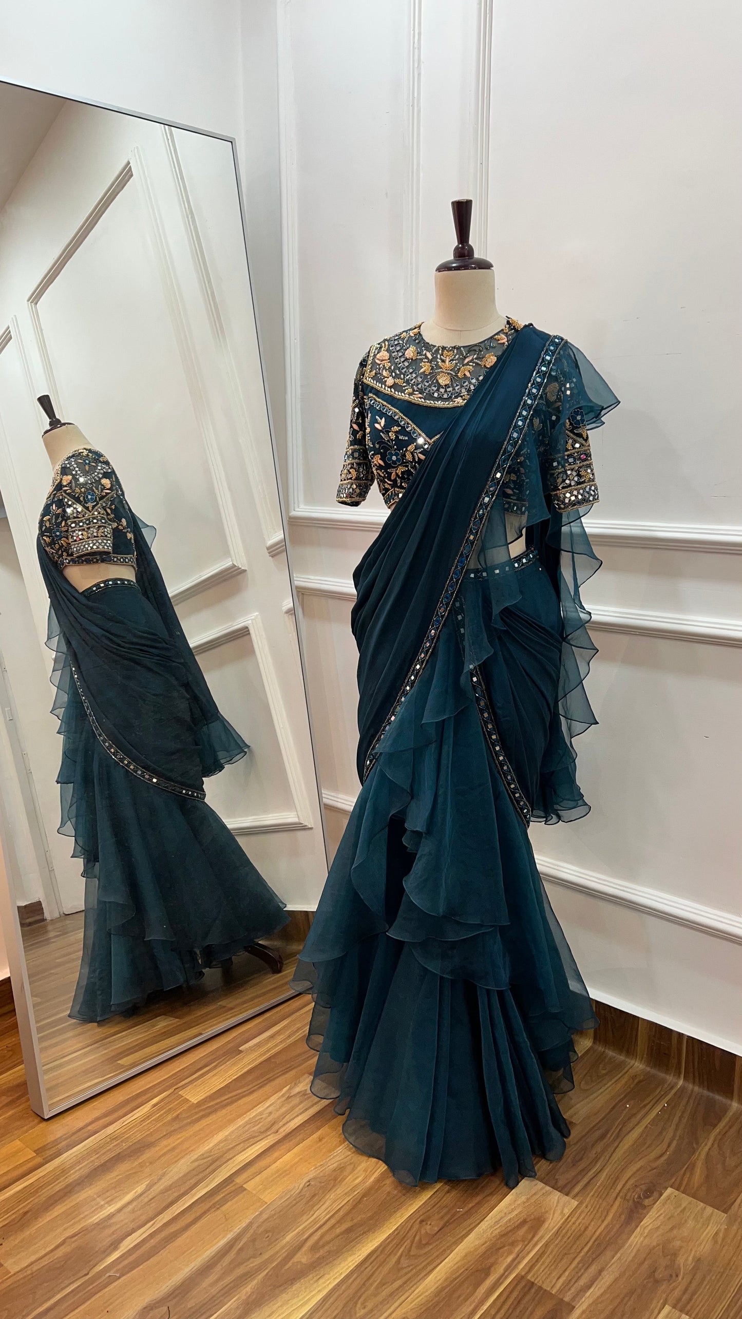 Teal Green pre draped ruffle saree with hand embroidery blouse