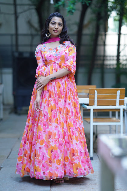 Multi Color Floral dress with hand embroidery