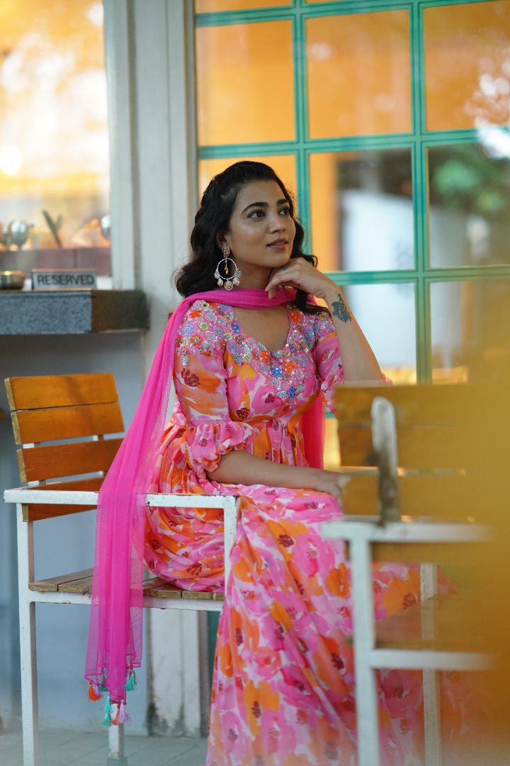 Multi Color Floral dress with hand embroidery