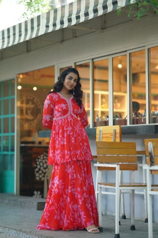 Red Color Floral Sharara with hand embroidery