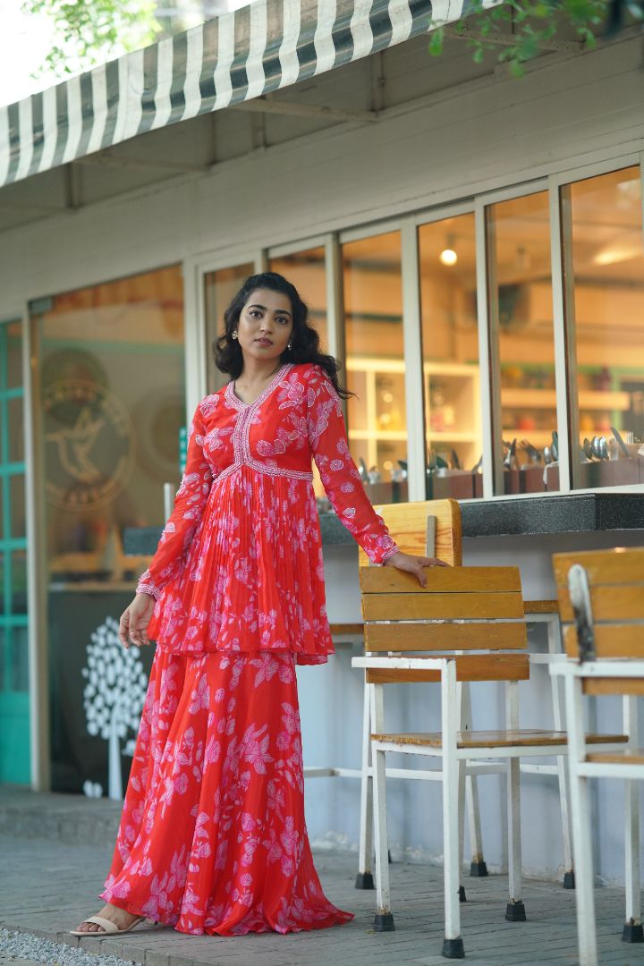 Red Color Floral Sharara with hand embroidery