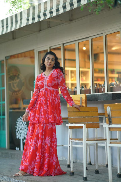 Red Color Floral Sharara with hand embroidery