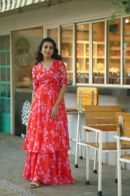 Red Color Floral Gharara with hand embroidery