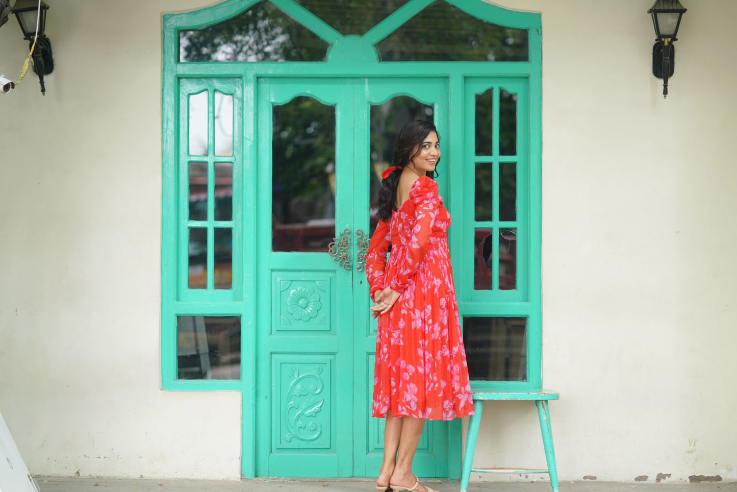 Red Floral mid length Frock