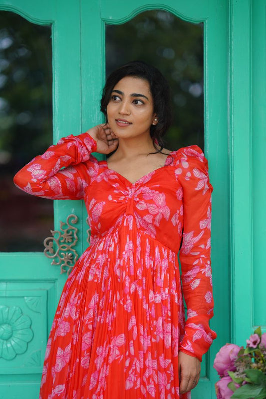 Red Floral mid length Frock