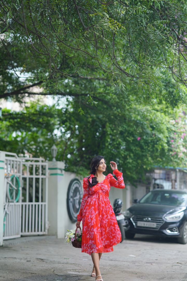 Red Floral mid length Frock