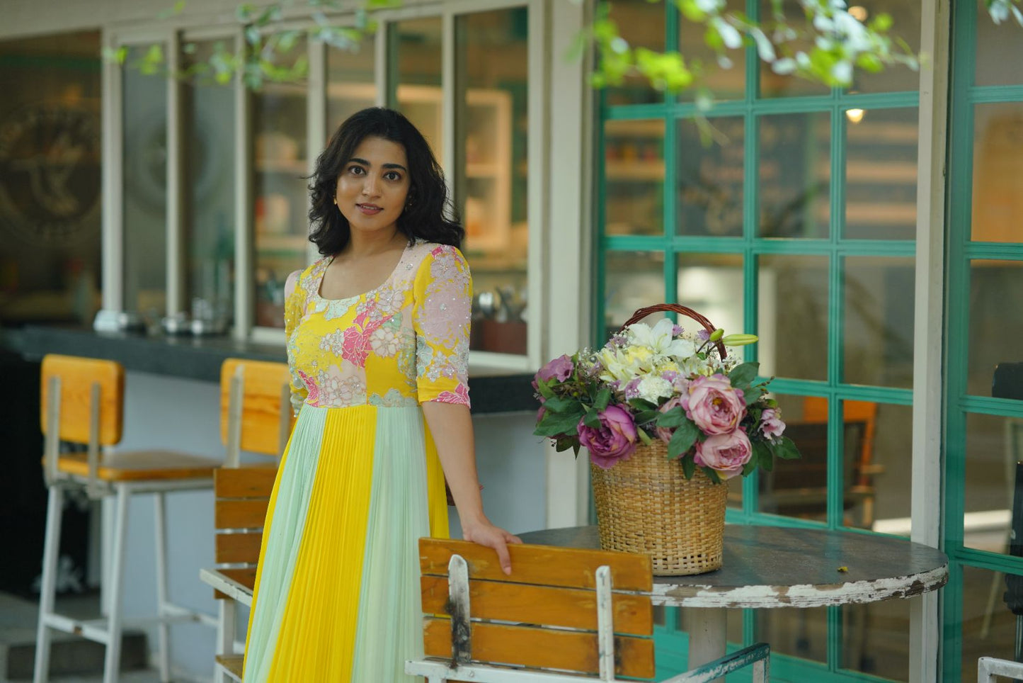 Yellow long frock with hand embroidery