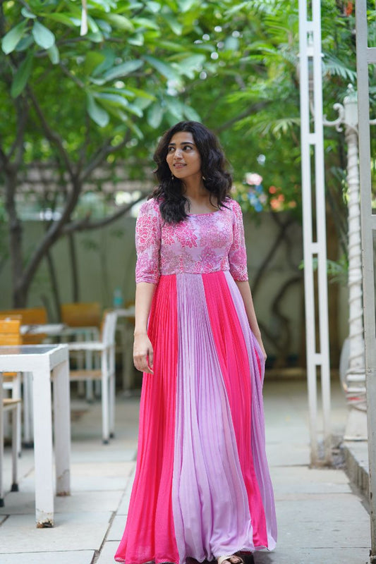 Pink long frock with hand embroidery