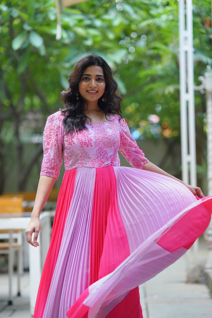 Pink long frock with hand embroidery