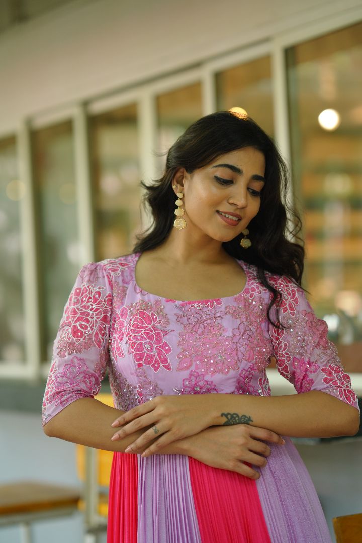 Pink long frock with hand embroidery