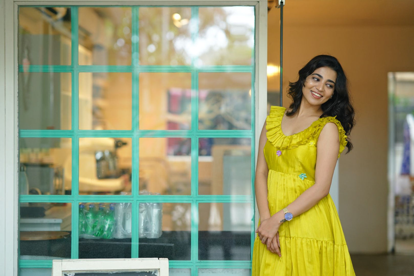 Green Chanderi Mid Length Frock with hand embroidered flowers