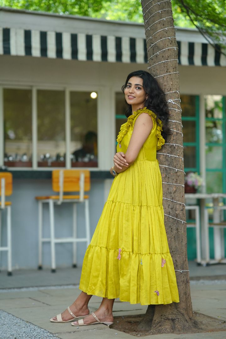 Green Chanderi Mid Length Frock with hand embroidered flowers
