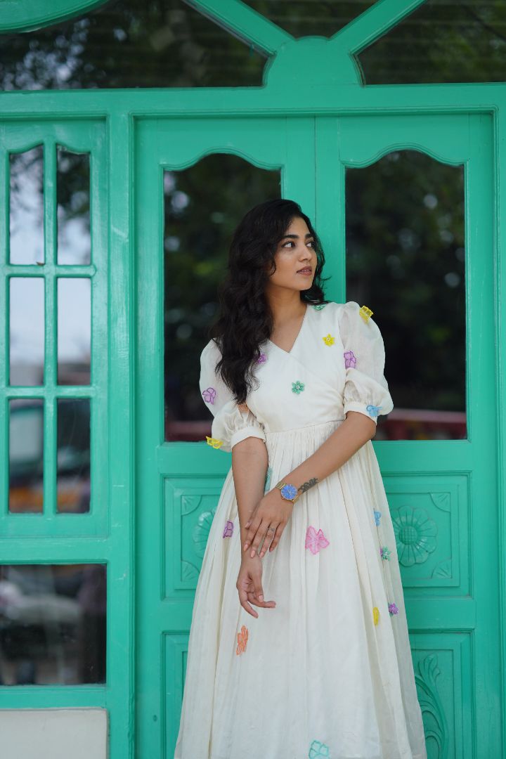 White Chanderi Mid Length Frock with hand embroidered flowers