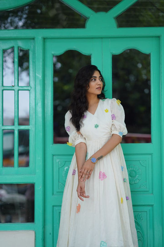 White Chanderi Mid Length Frock with hand embroidered flowers