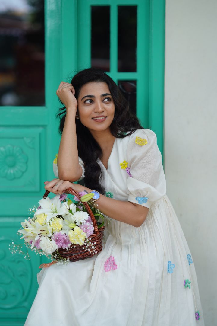 White Chanderi Mid Length Frock with hand embroidered flowers
