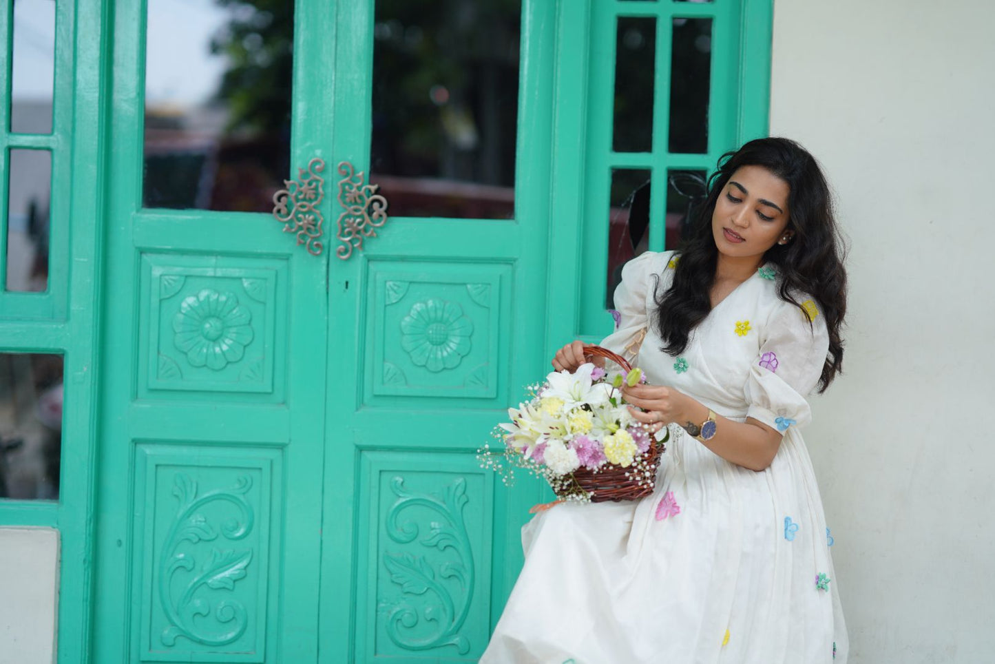 White Chanderi Mid Length Frock with hand embroidered flowers