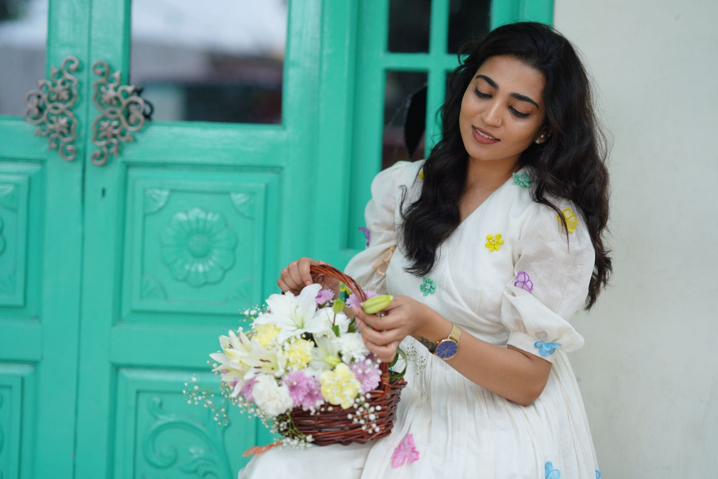 White Chanderi Mid Length Frock with hand embroidered flowers