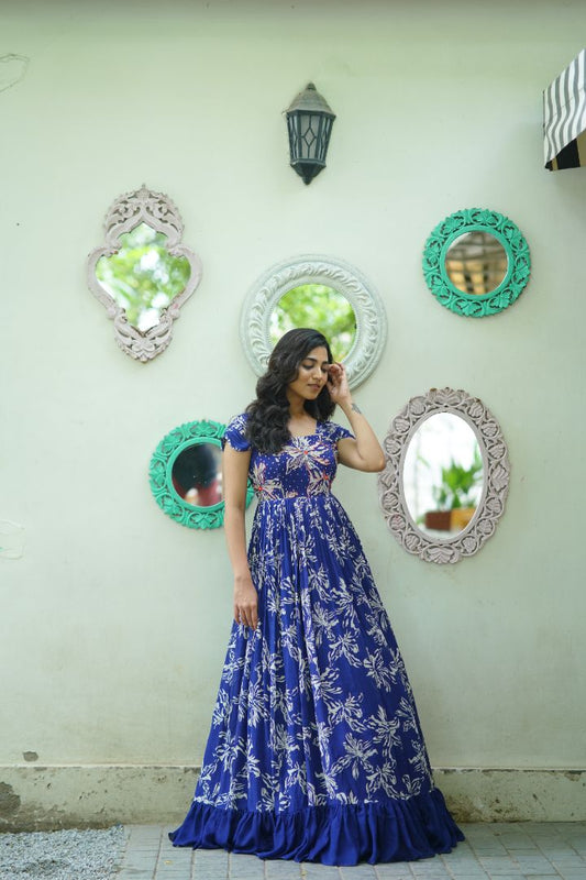 Blue Floral Long Frock with hand embroidery at yok part