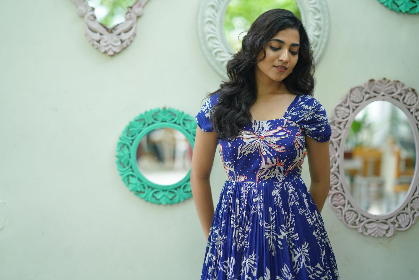 Blue Floral Long Frock with hand embroidery at yok part